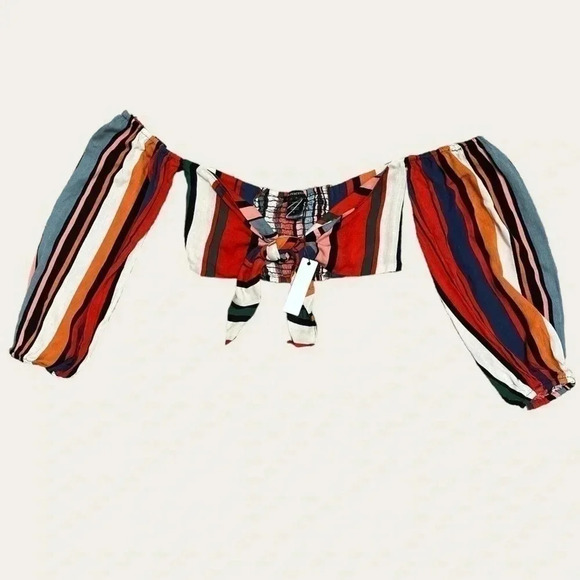 Olivaceous Women’s Tie Front Off The Shoulder Crop Top Stripe Size Small - Picture 1 of 7